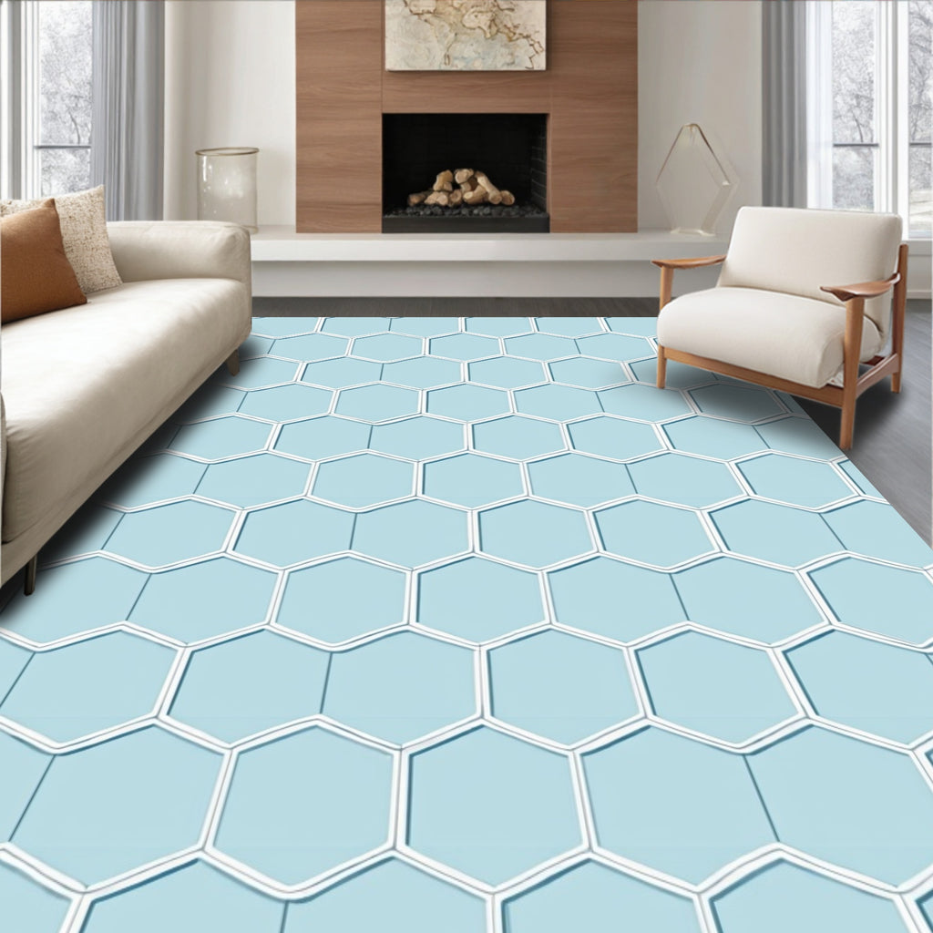 Modern Light Blue Hexagon Pattern Rug