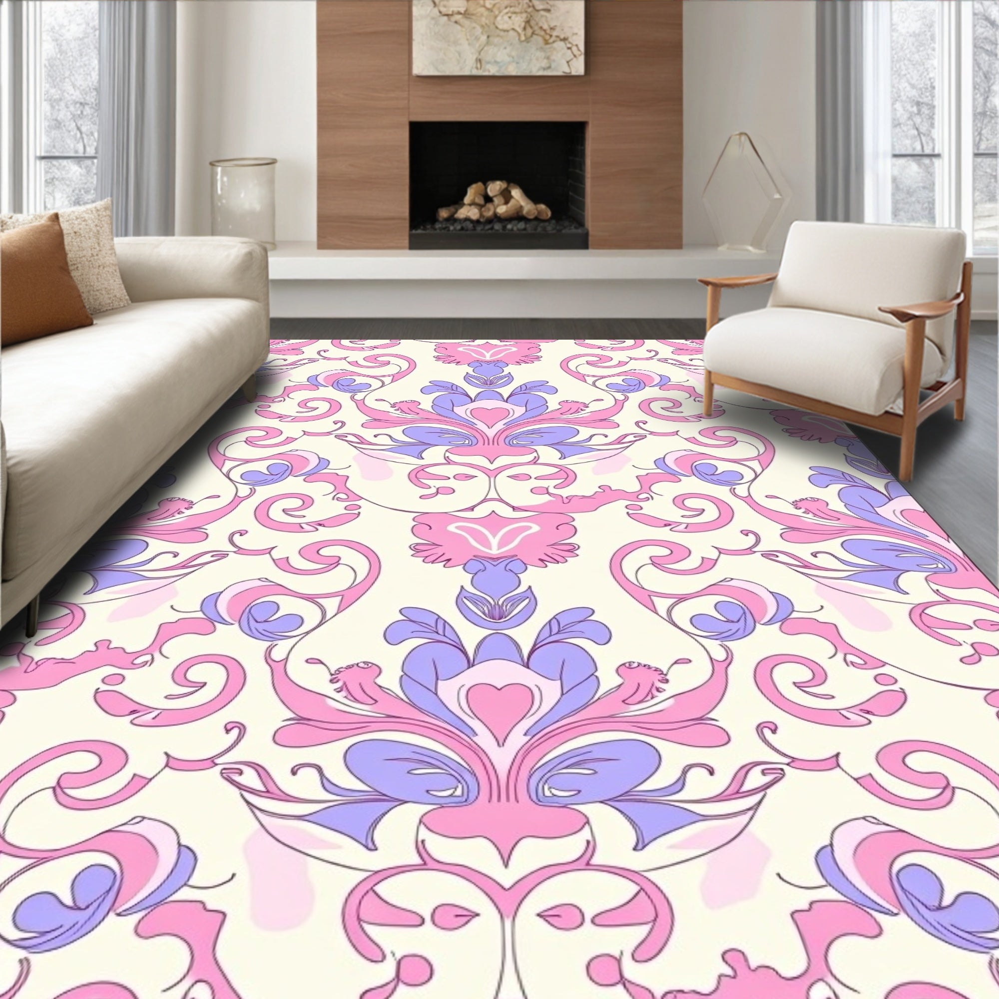 Soft Pink Lavender Floral Damask Rug