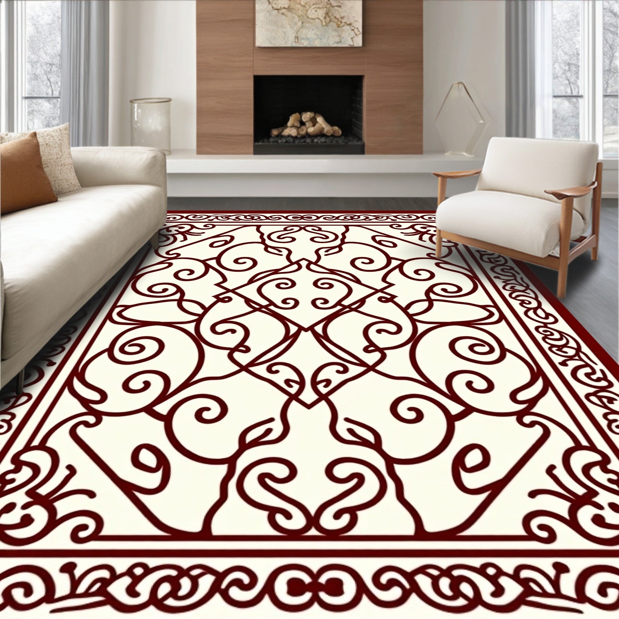 Ornate Crimson Swirls Decorative Pattern Rug