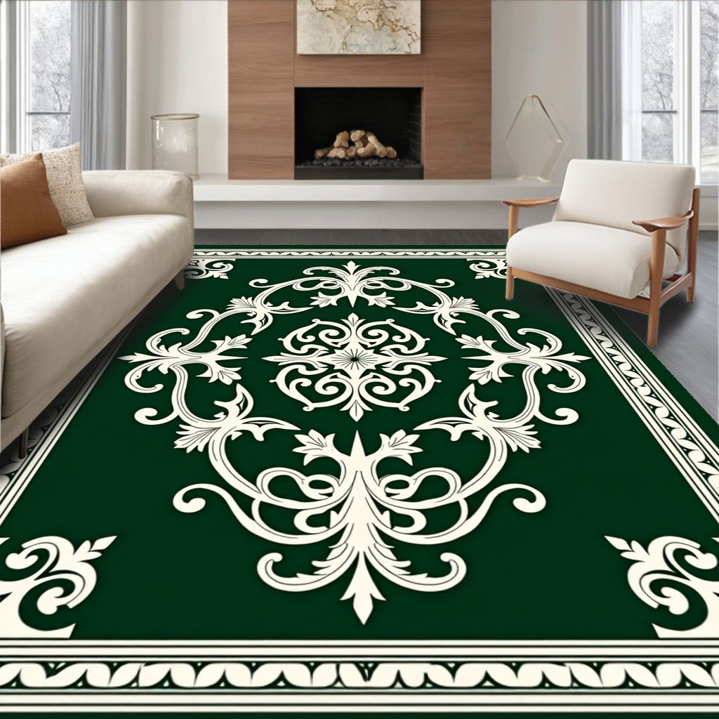 Elegant Cream Scrollwork on Deep Green Rug
