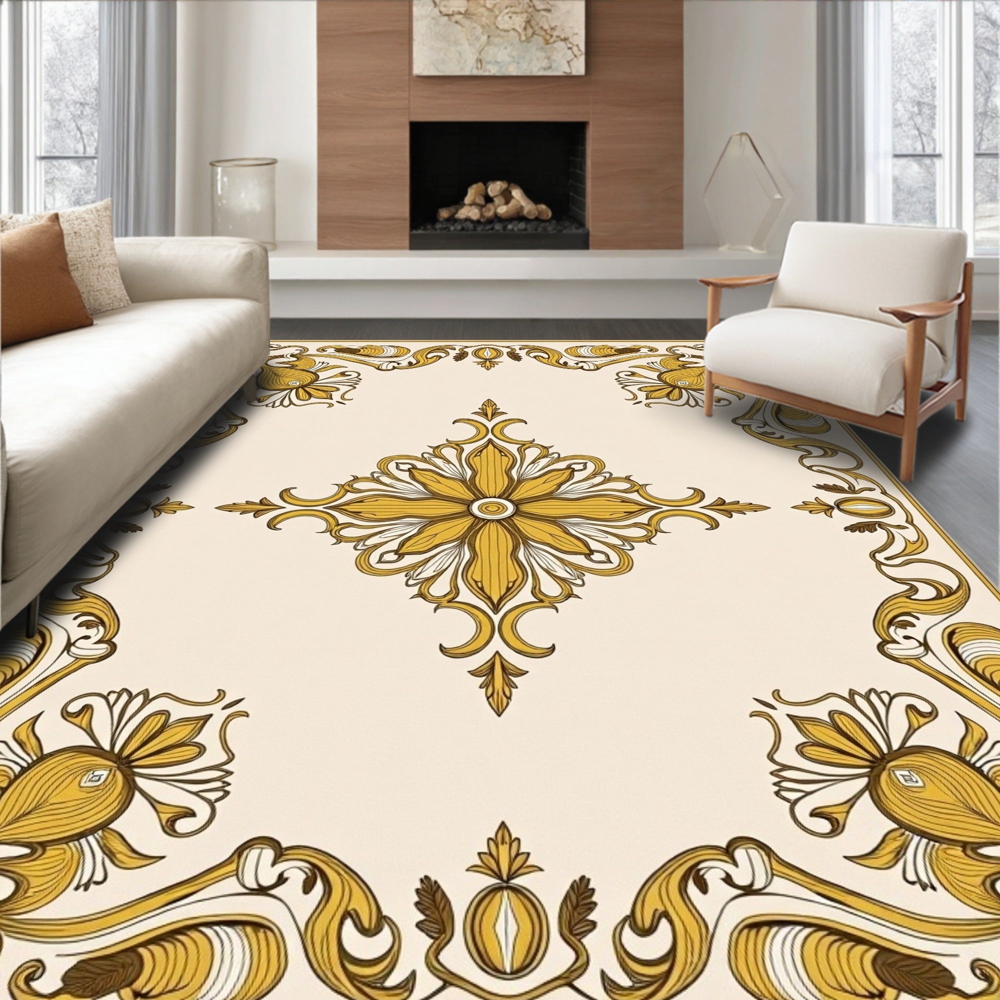 Ornate Golden Floral Scroll Rug