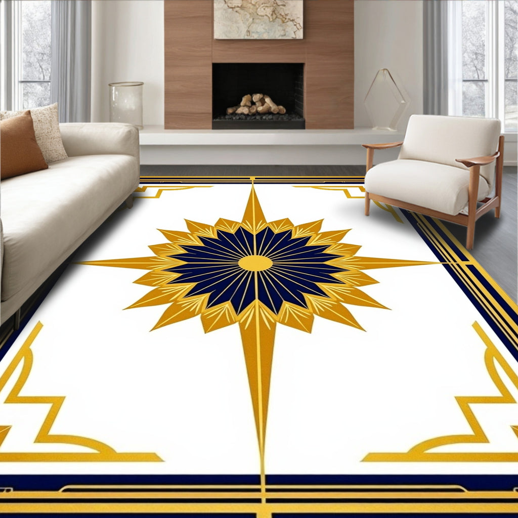 Golden Sunburst With Blue Geometric Border Rug