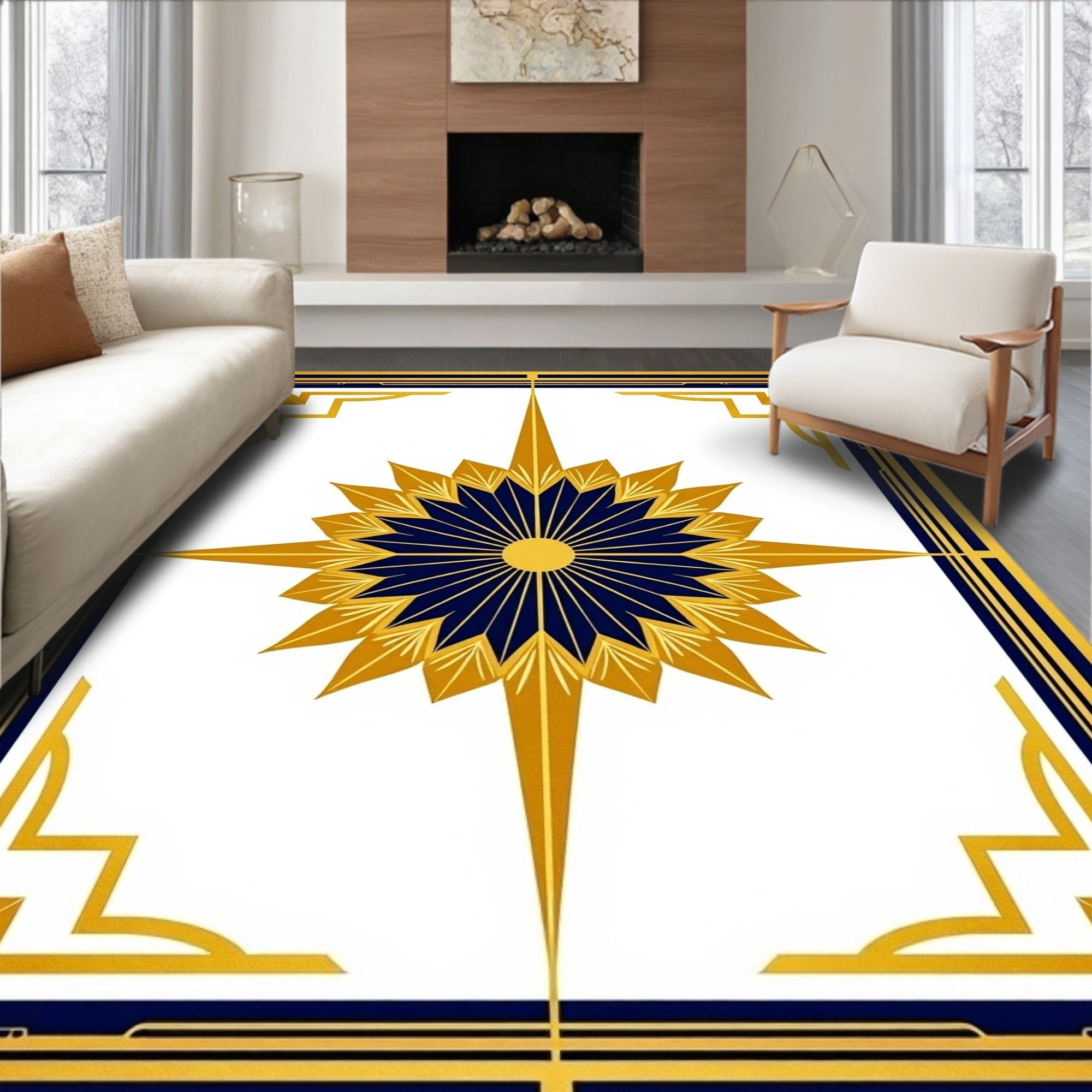 Golden Sunburst With Blue Geometric Border Rug