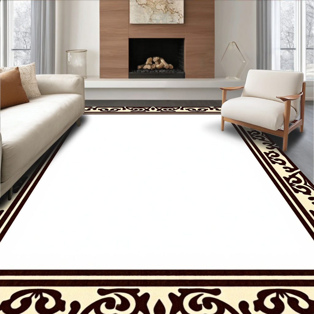Elaborate Dark Brown Floral Border Design Rug