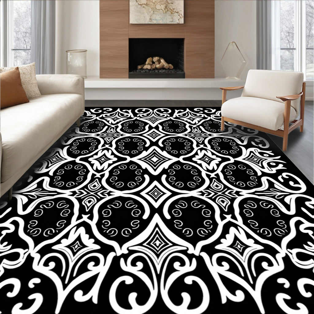Monochromatic Ornate Floral Scroll Pattern Rug