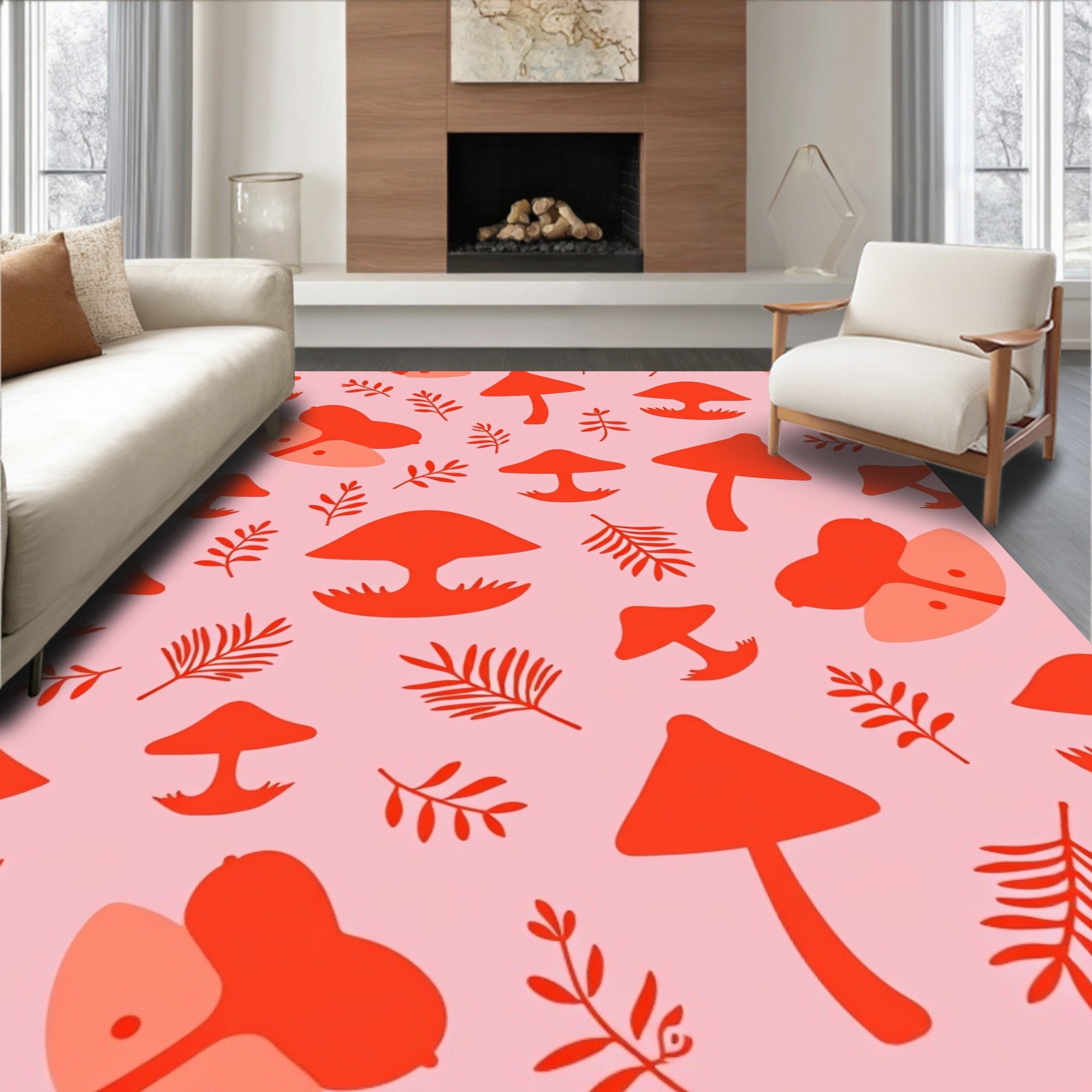 Whimsical Mushroom Leafy Pattern Rug