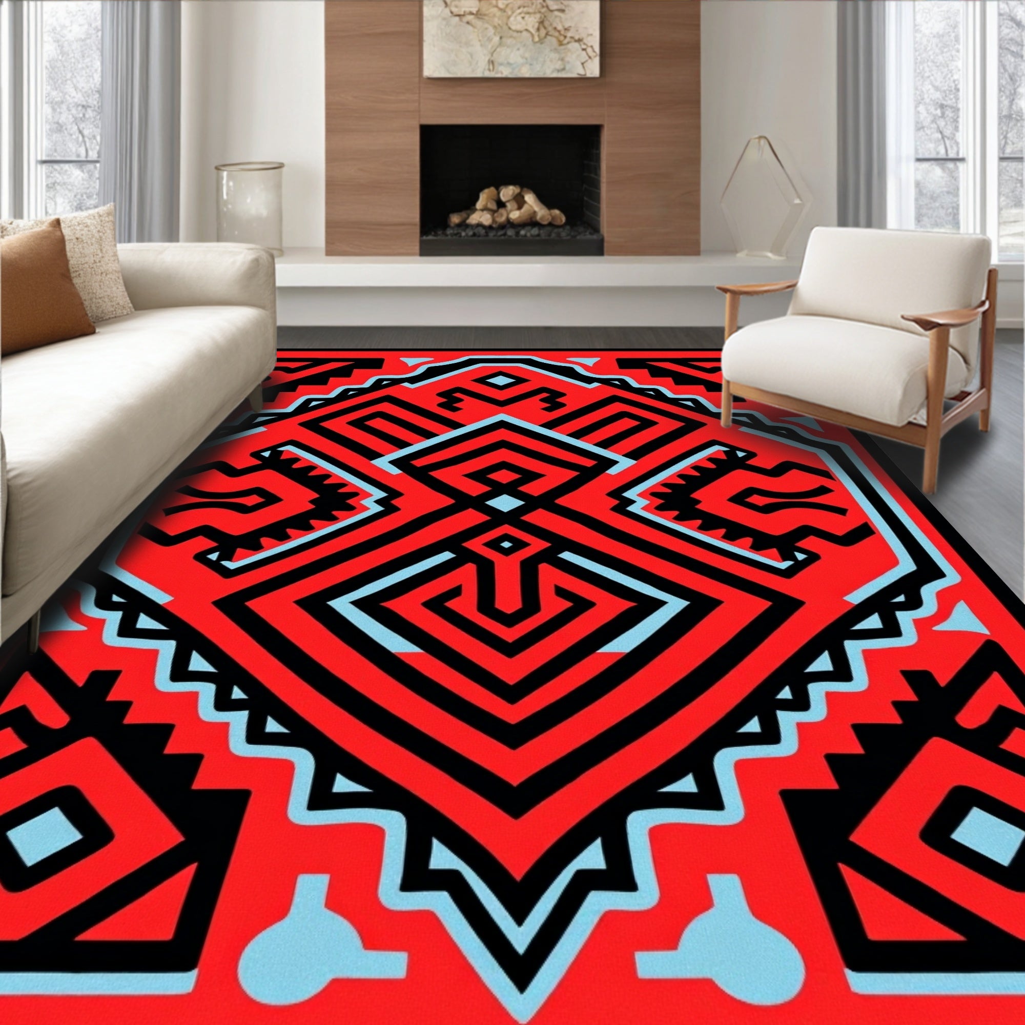 Bold Geometric Red Tribal Pattern Rug