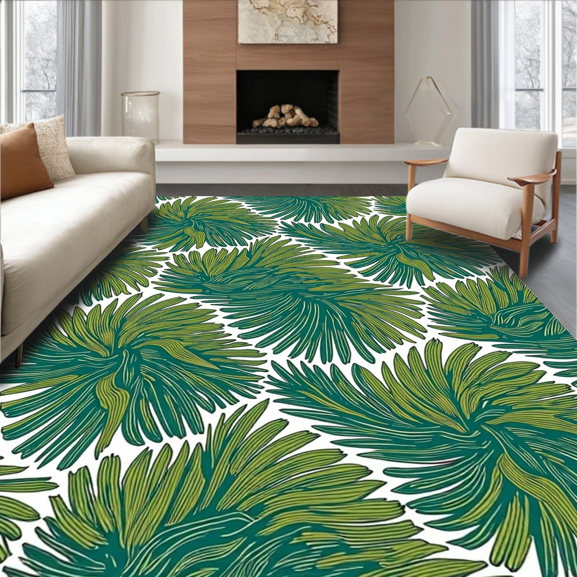Green Palm Leaf Pattern Rug