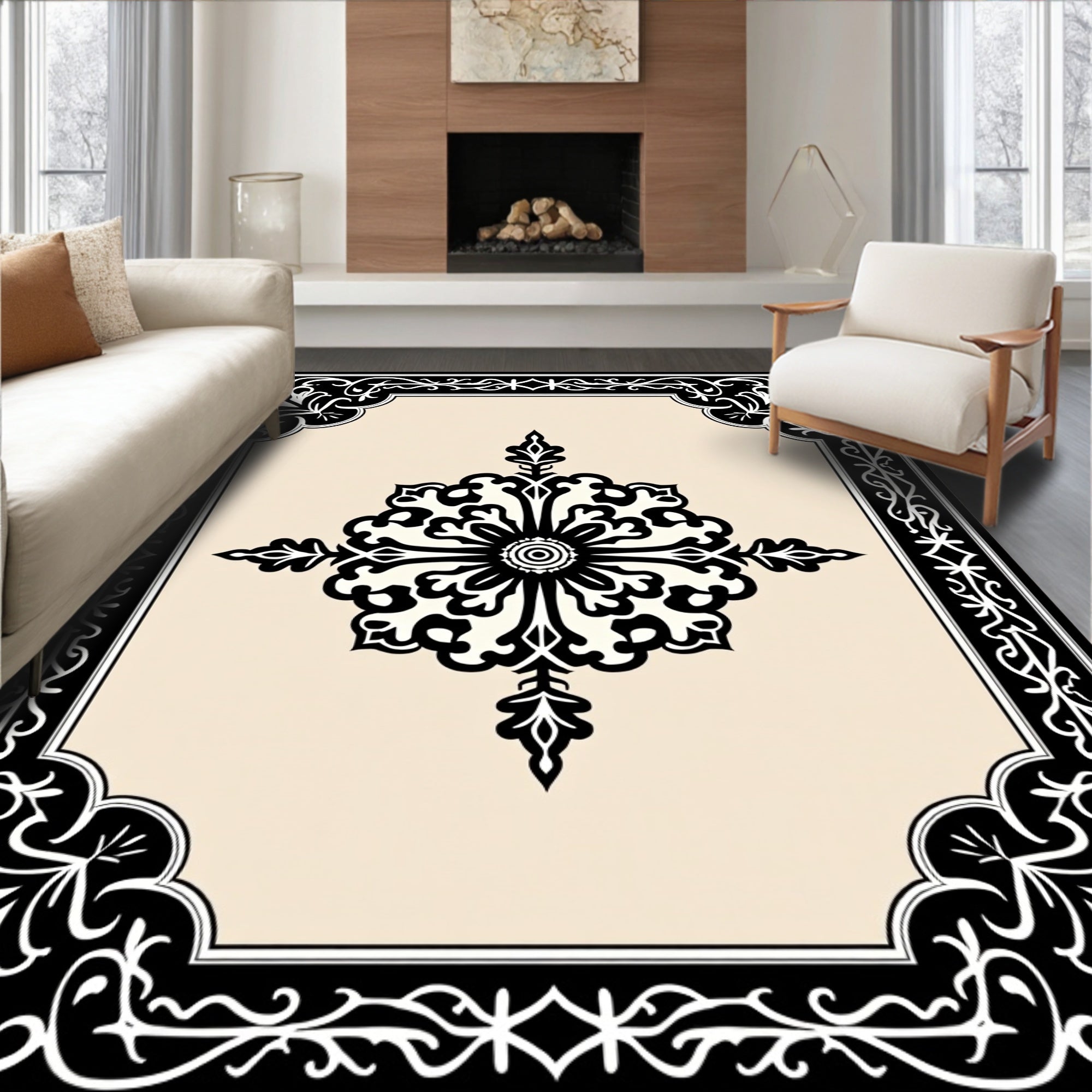 Vintage Black Floral Damask Pattern Rug