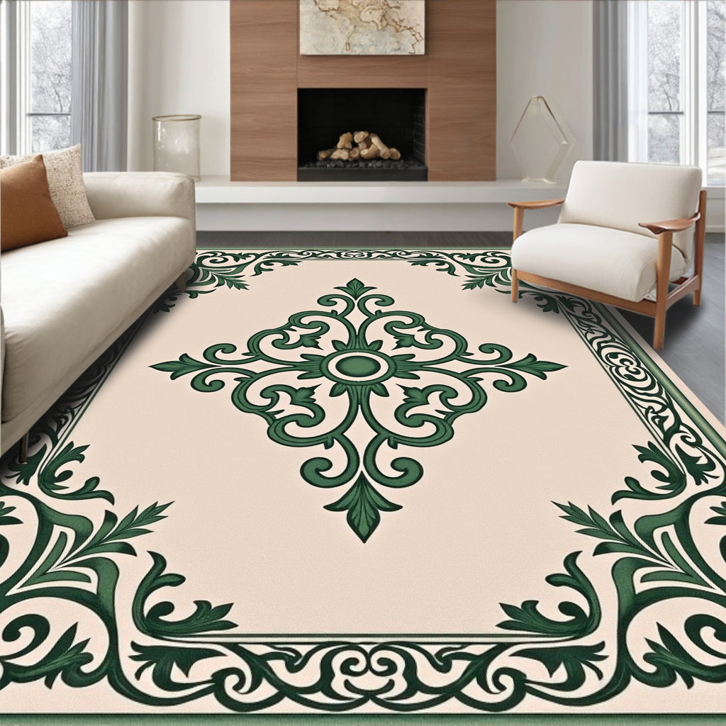 Elegant Swirl Green Floral Pattern Rug