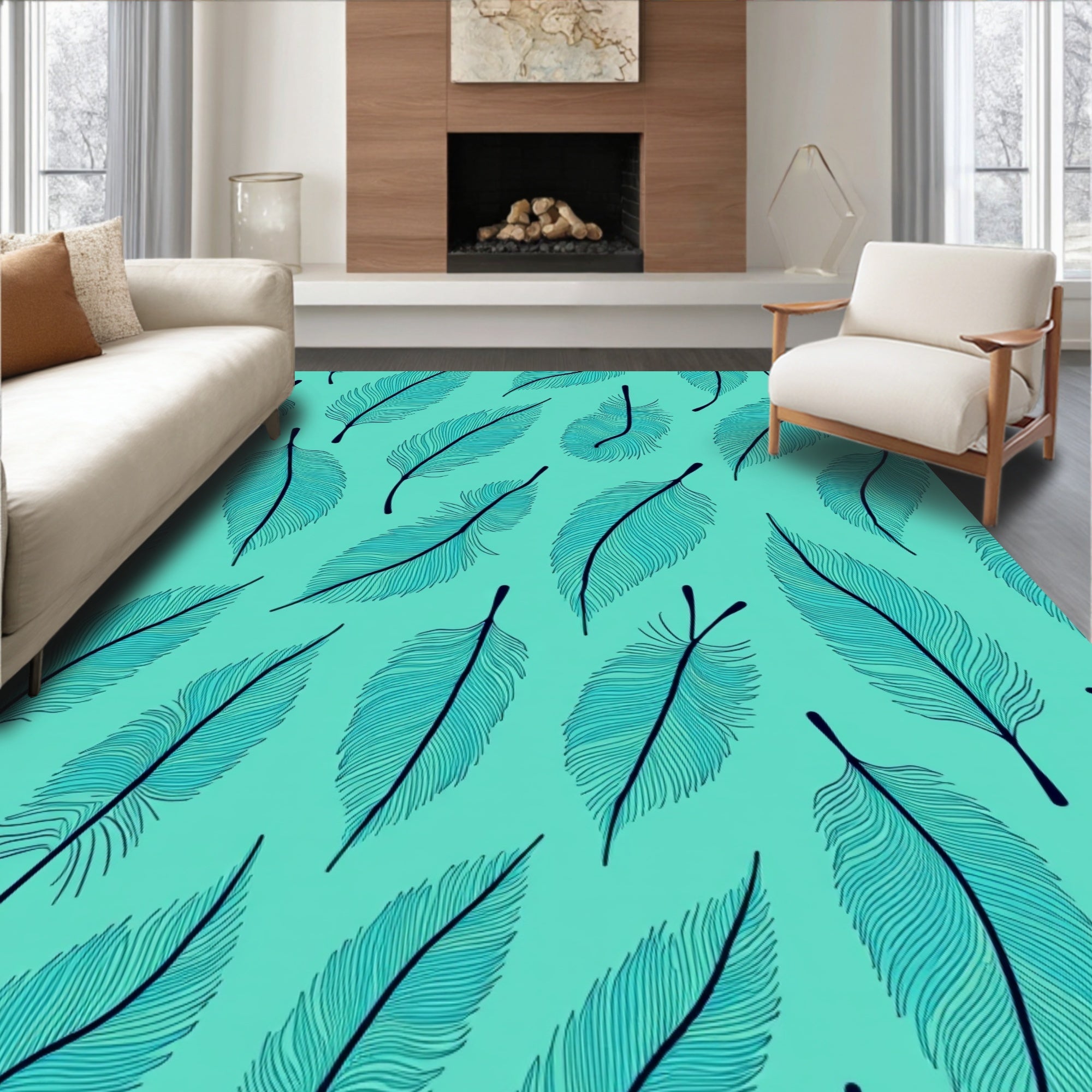 Teal Feather Pattern With Dark Outline Rug