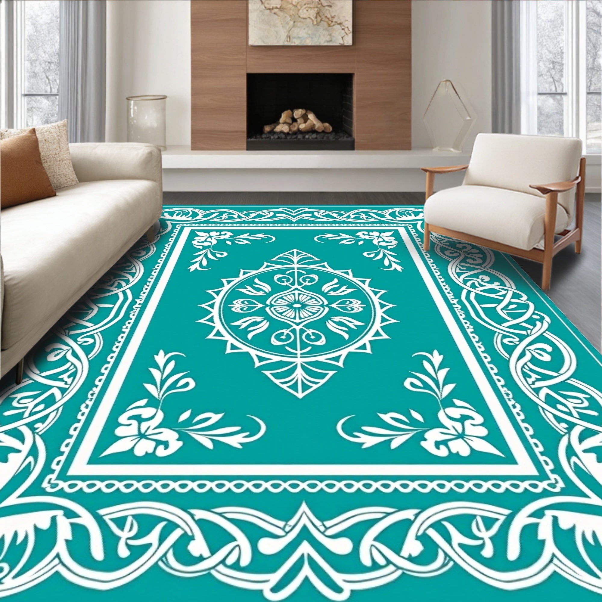 Teal White Intertwined Floral Medallion Rug