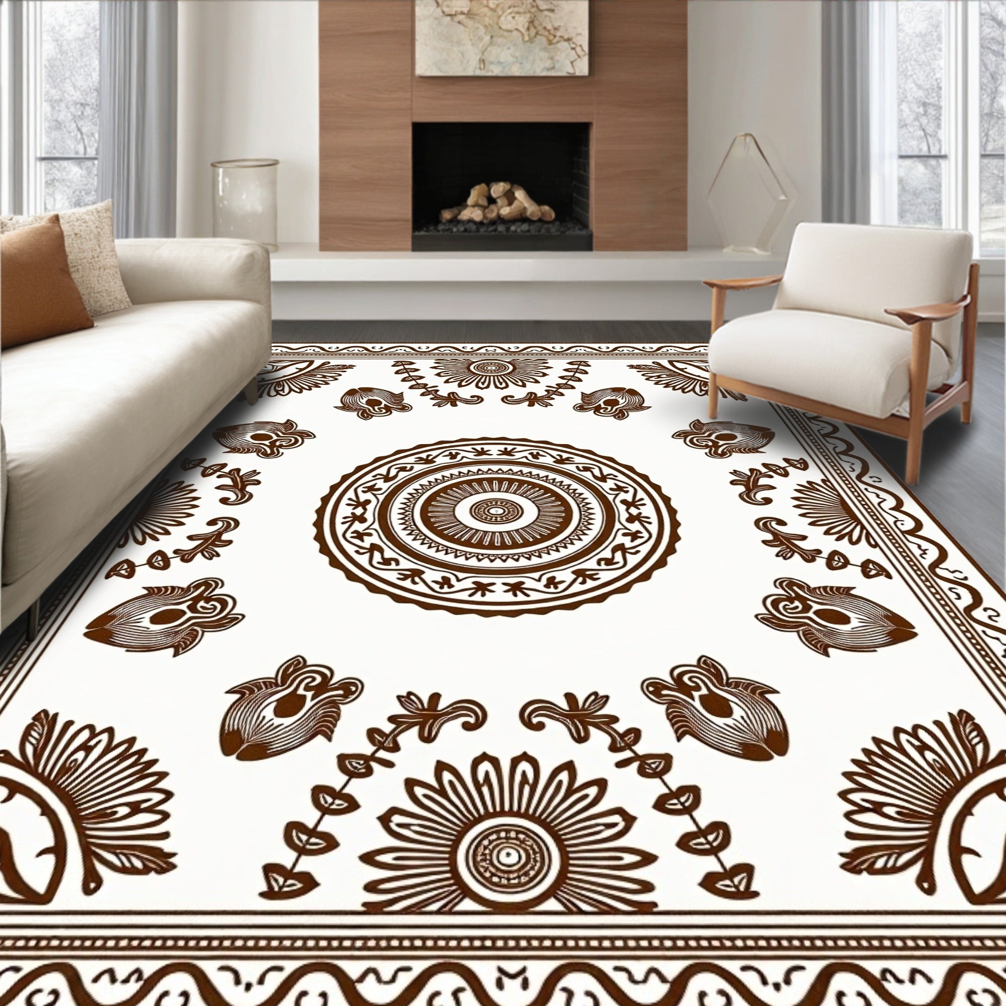 Traditional Floral Medallion Brown Cream Rug