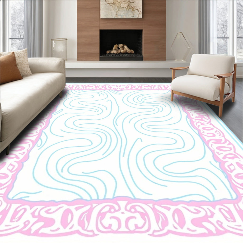 Pink Floral Frame Aqua Swirls Pattern Rug