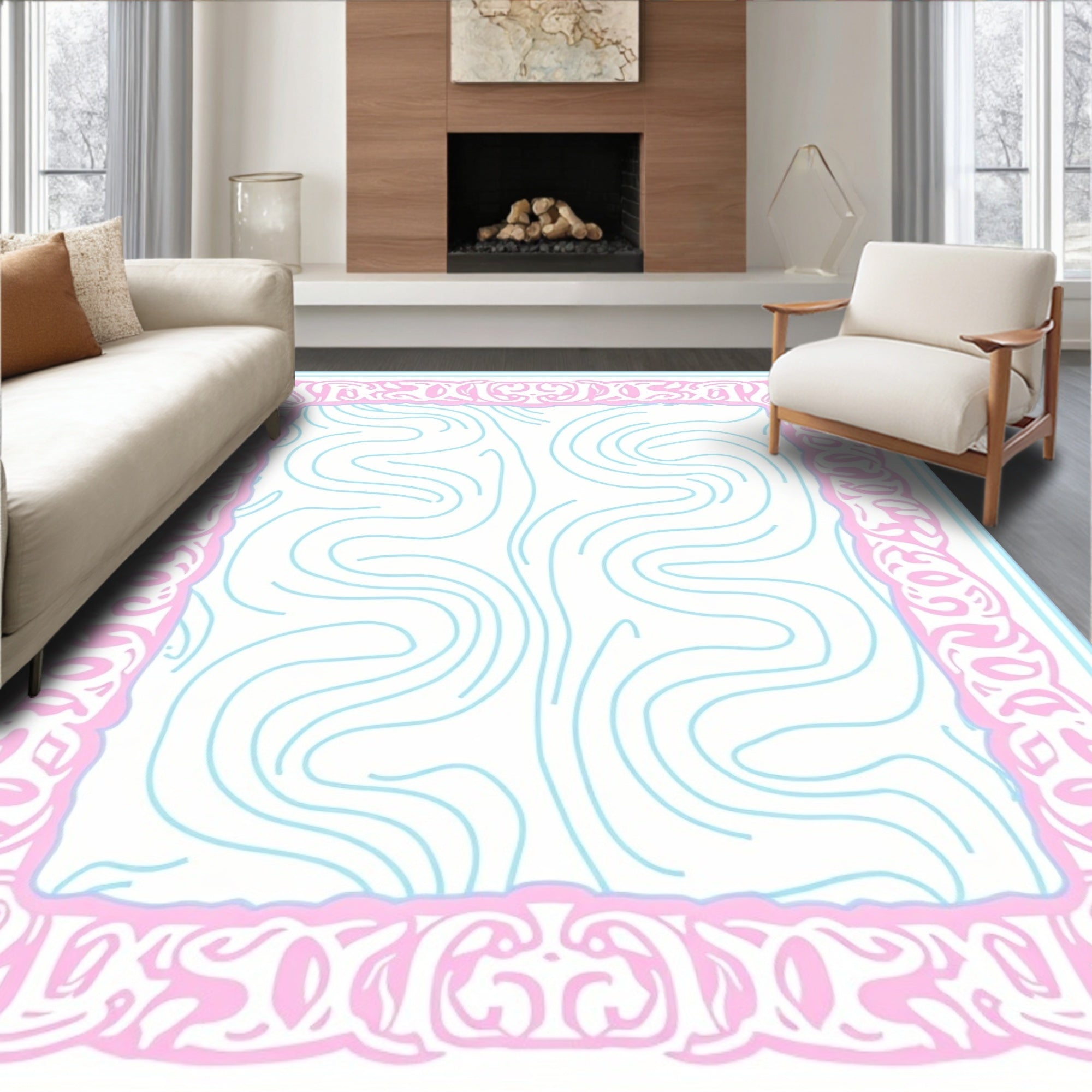 Pink Floral Frame Aqua Swirls Pattern Rug