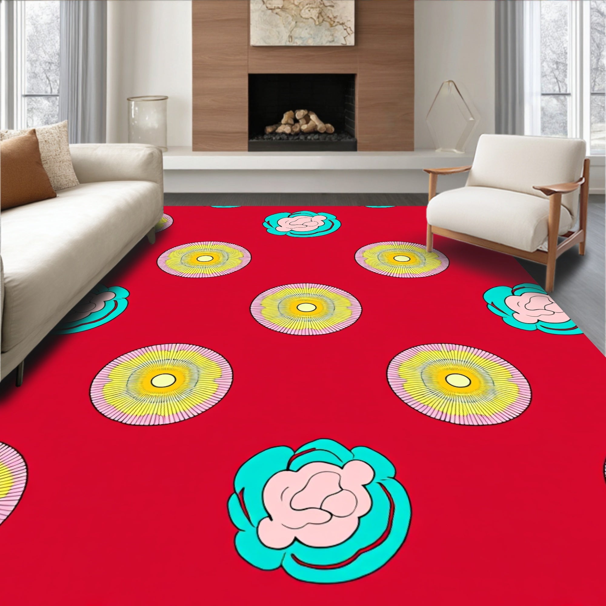 Retro Floral Sunburst Pattern Rug