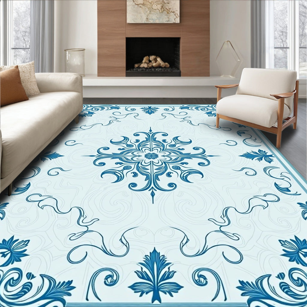Elegant Blue Floral Scrollwork Pattern Rug