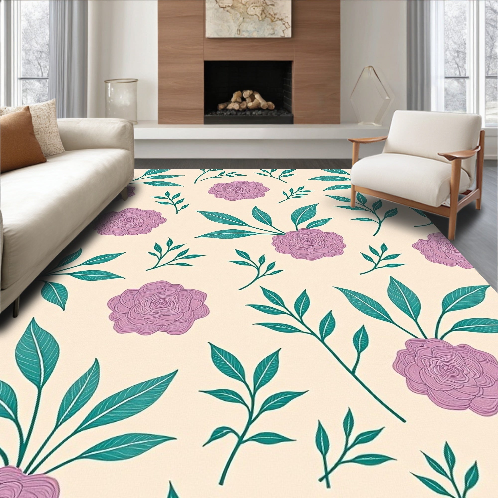 Floral Pattern With Pink Roses and Leaves Rug