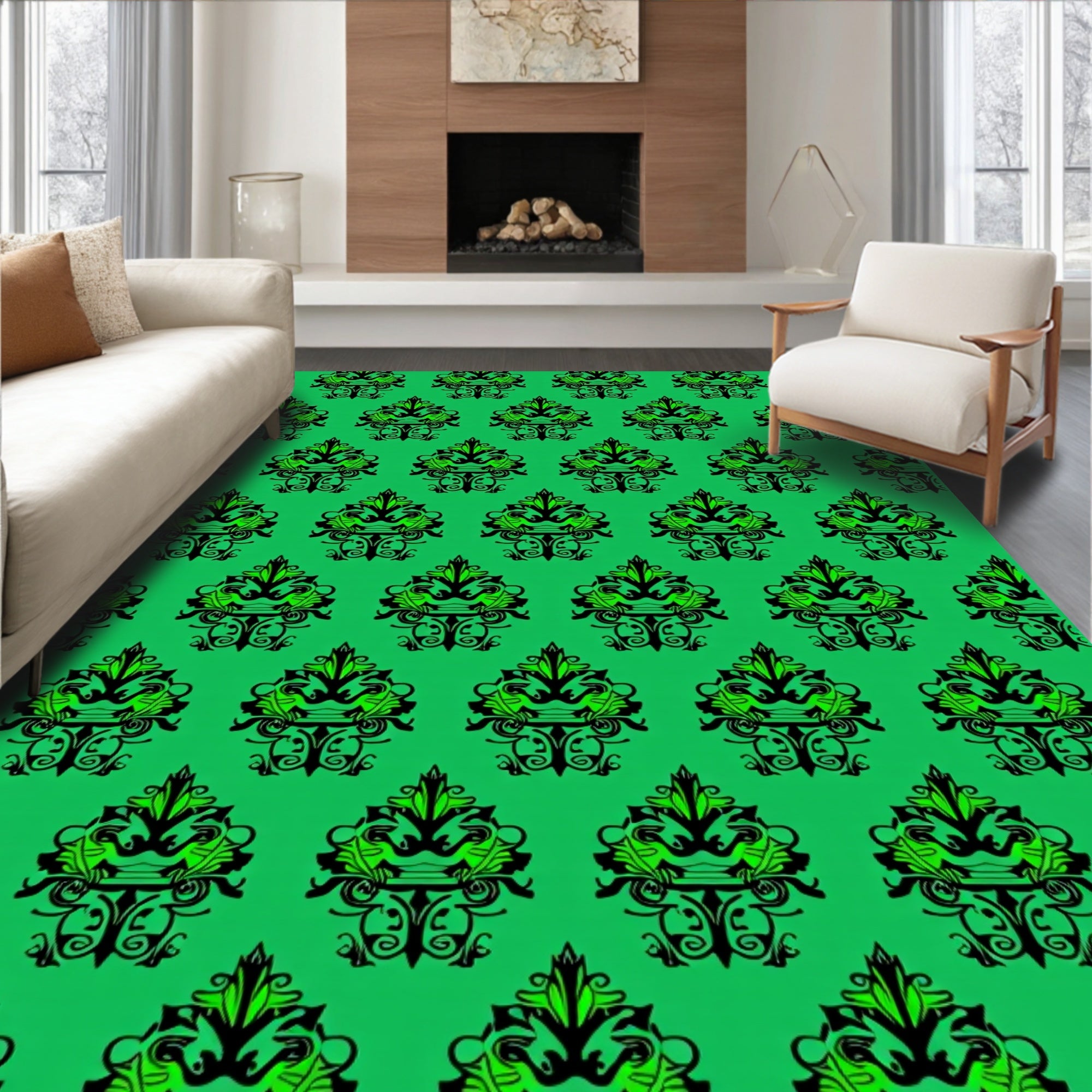 Intricate Black Green Floral Pattern Rug