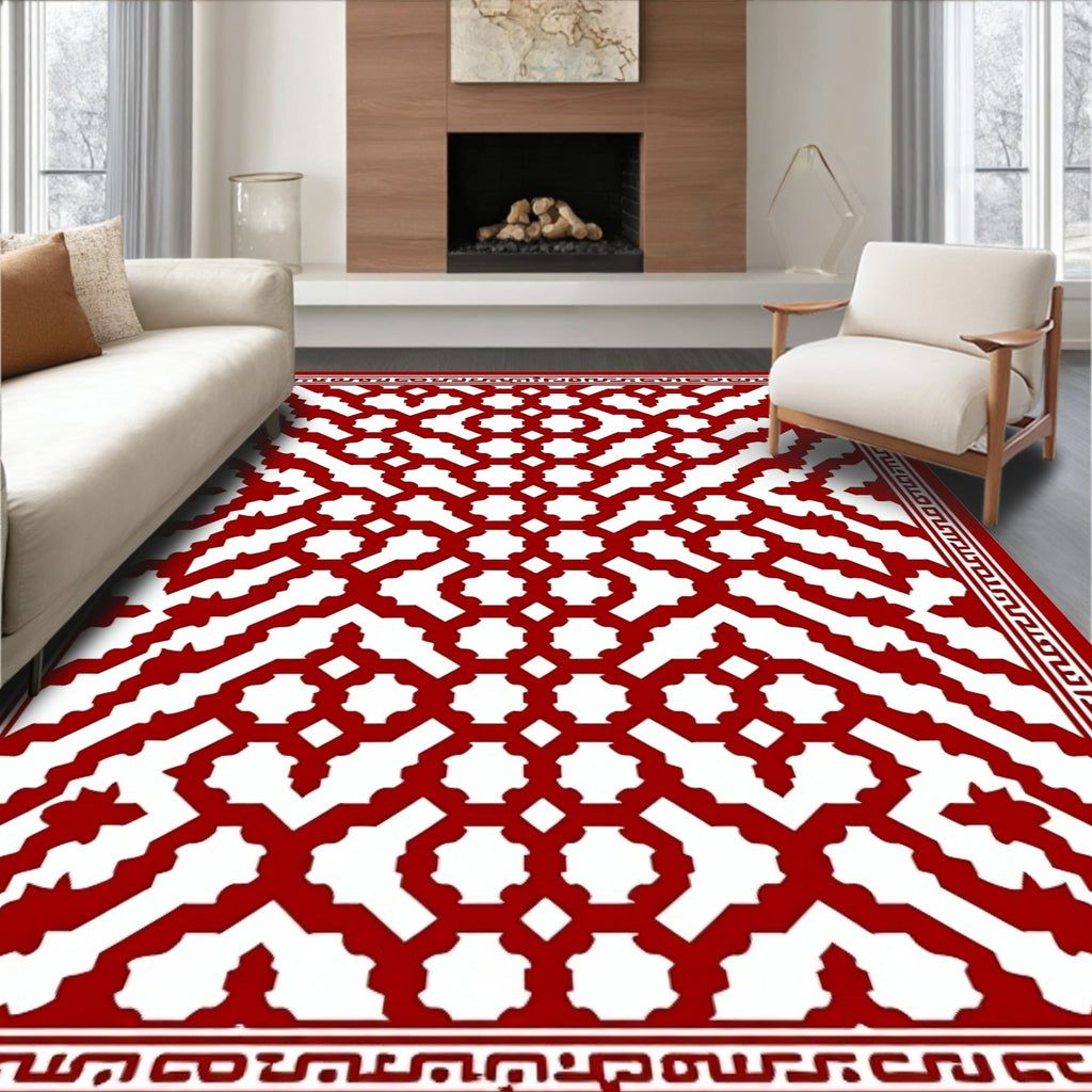Intricate Red Geometric Lattice Pattern Rug