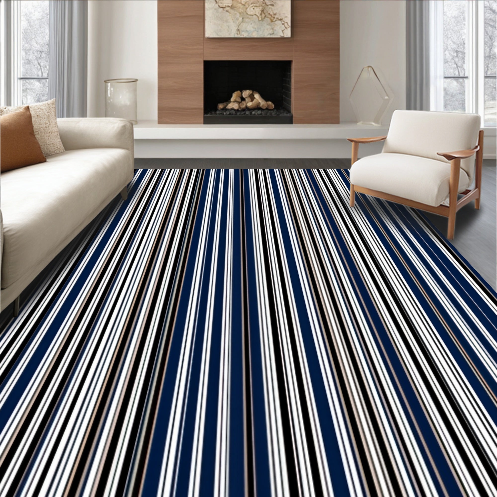 Classic Navy White Stripe Pattern Rug