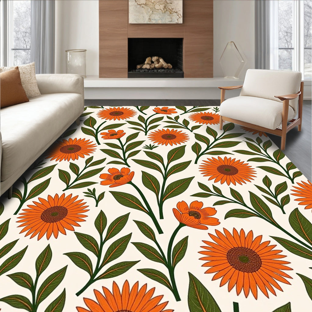 Vibrant Orange Floral Botanical Print Rug