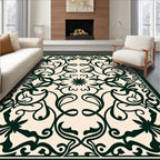 Ornate Dark Green Floral Scrollwork Design Rug