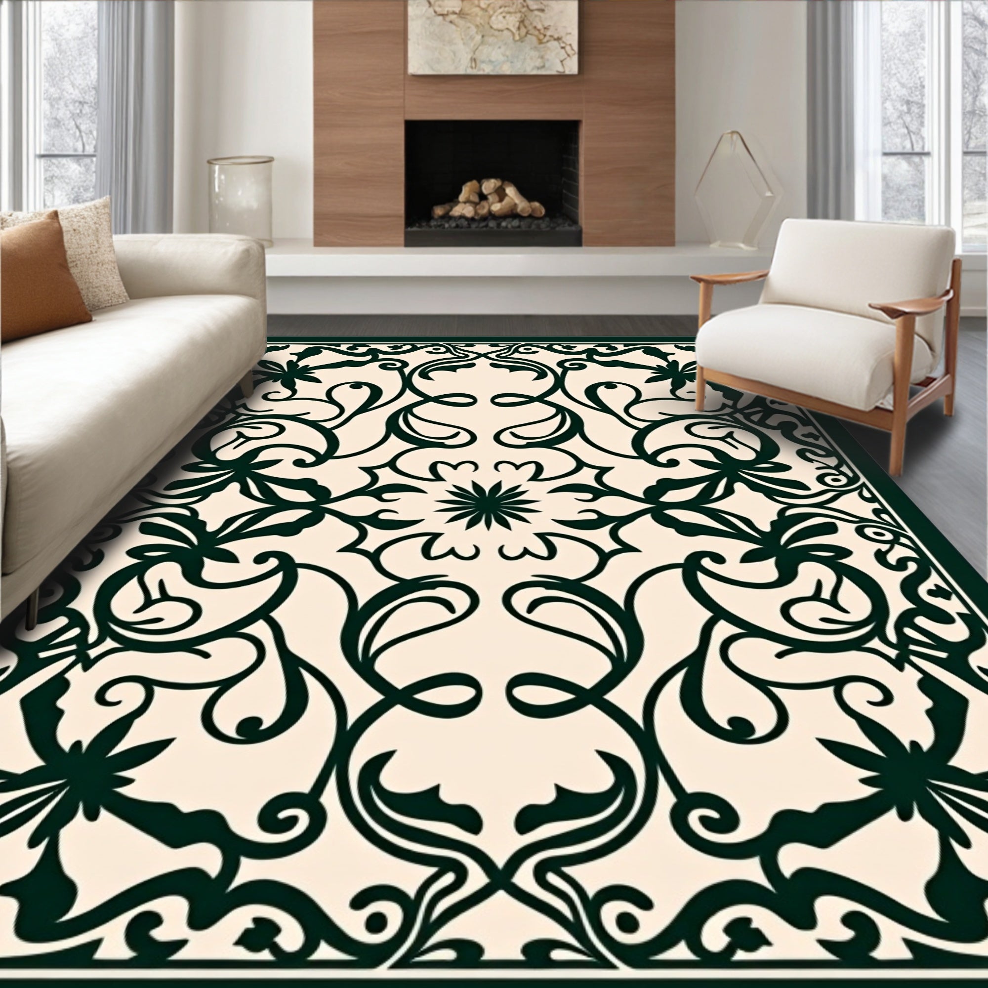Ornate Dark Green Floral Scrollwork Design Rug