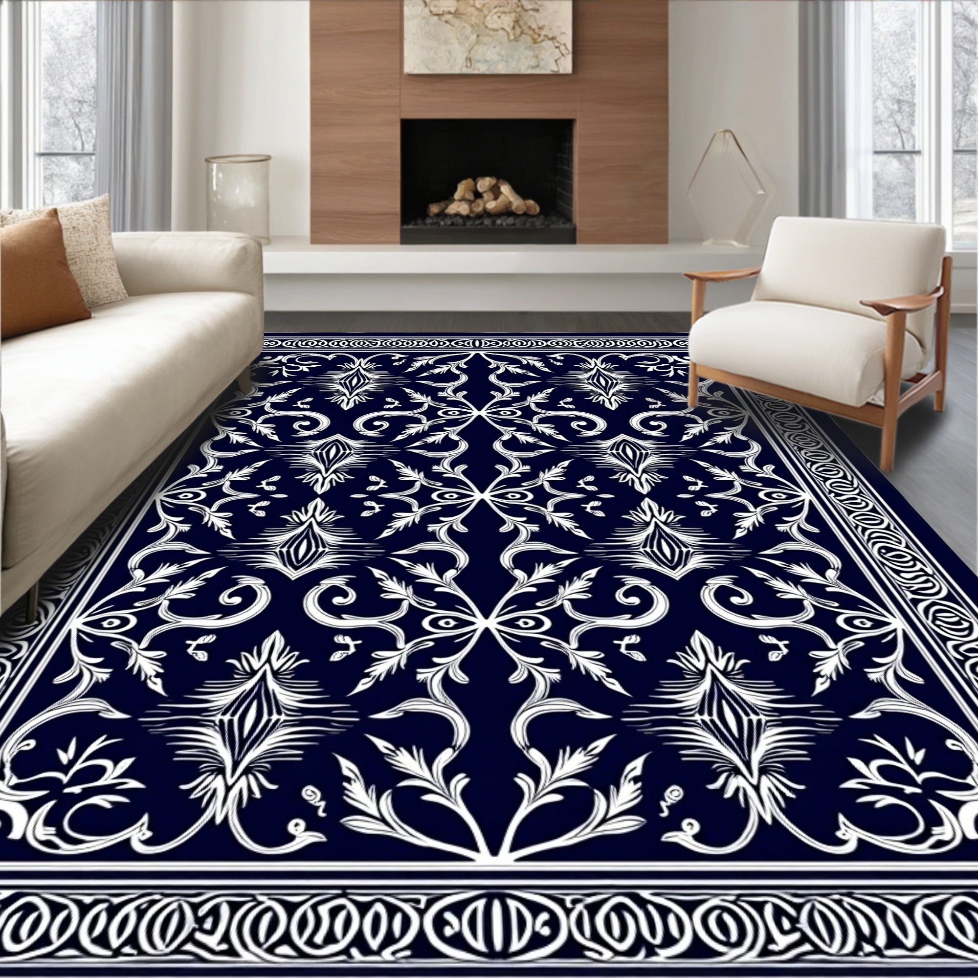 Classic Dark Navy White Floral Pattern Rug