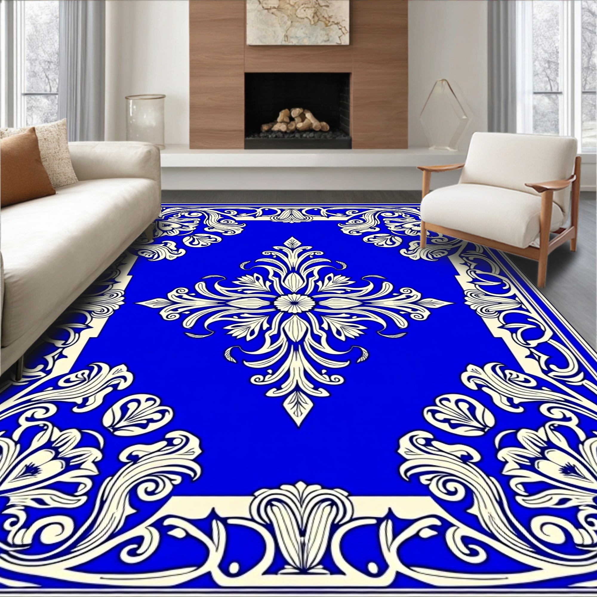 Elegant Ivory Floral Blue Border Rug