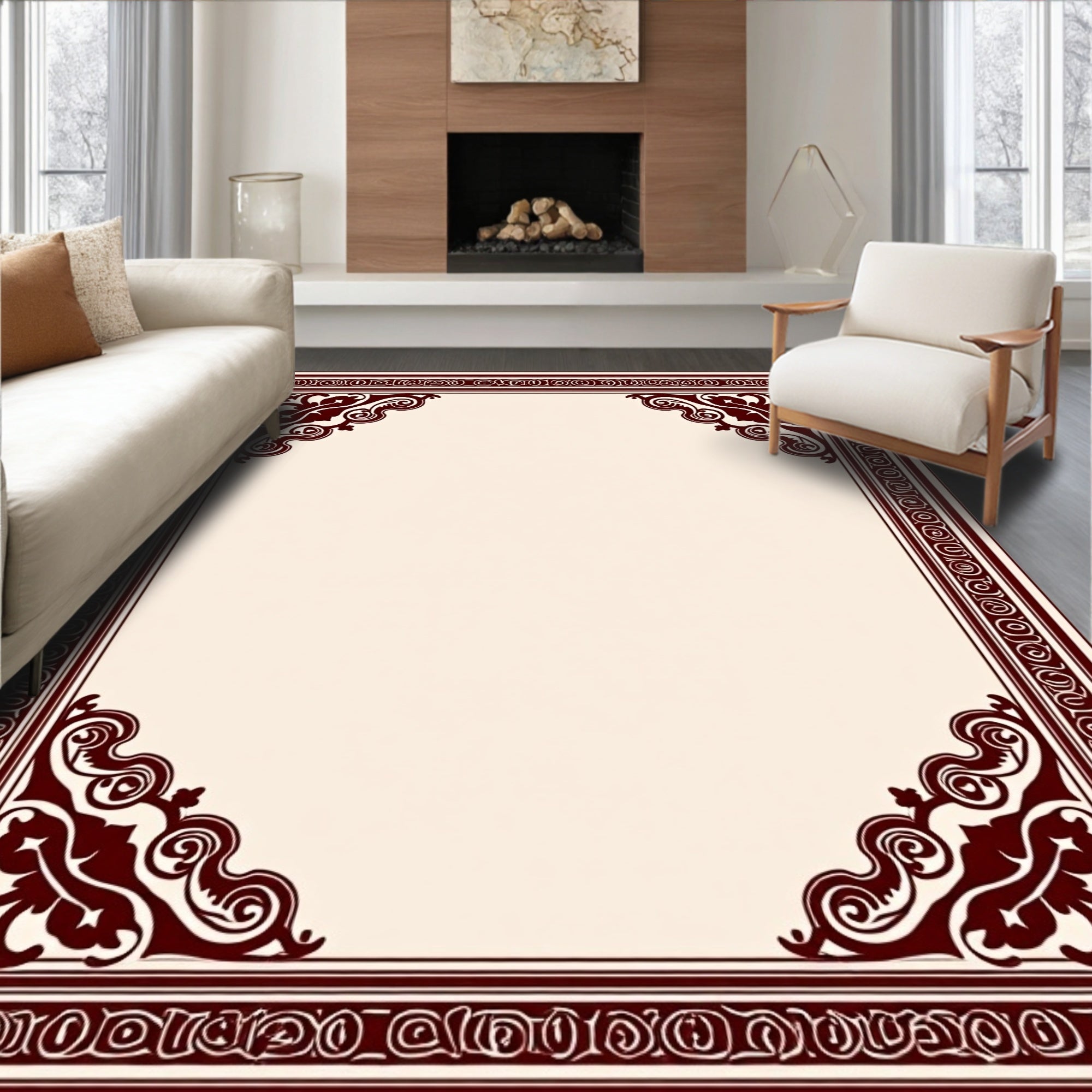 Elegant Corner Scrollwork Patterned Rug