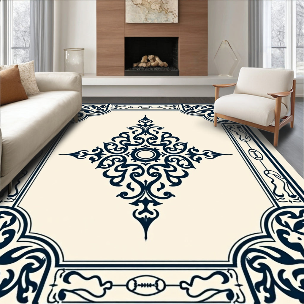 Dark Blue Floral Bordered Medallion Design Rug