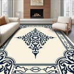 Dark Blue Floral Bordered Medallion Design Rug