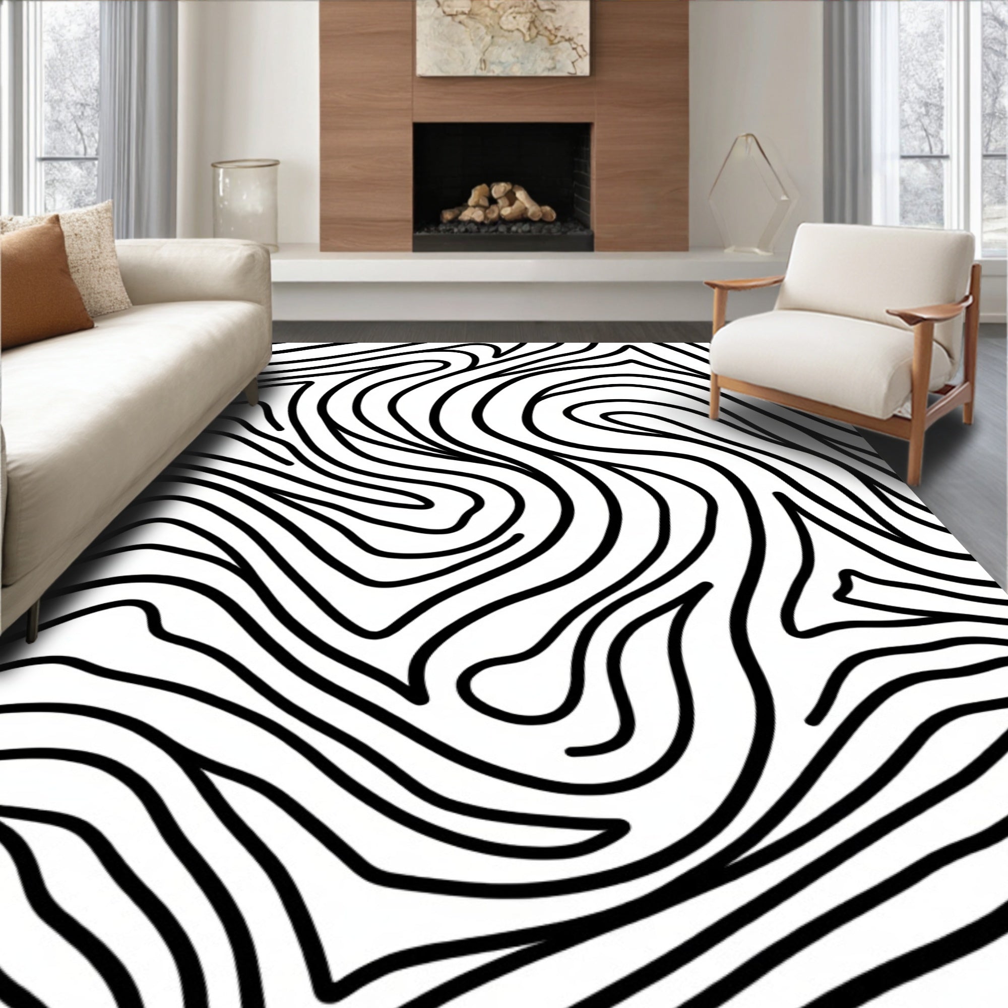 Bold Black Wavy Zebra Pattern Rug