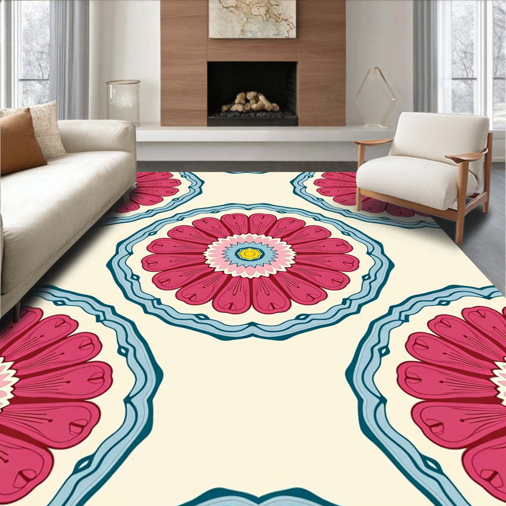 Floral Medallion Patterned Cream Background Rug