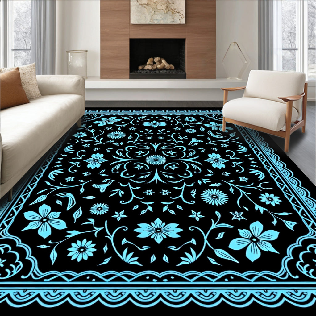 Sky Blue Floral and Vine Design Rug