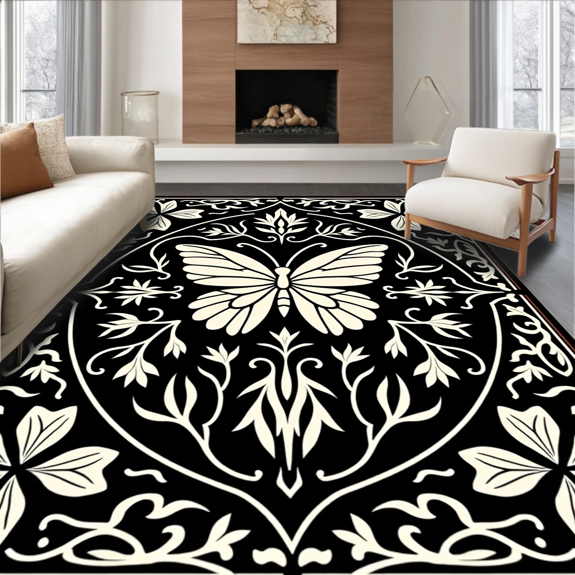 Black Butterfly Floral Garden Design Rug