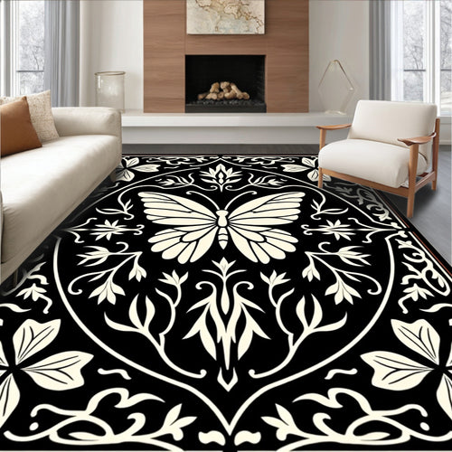 Black Butterfly Floral Garden Design Rug