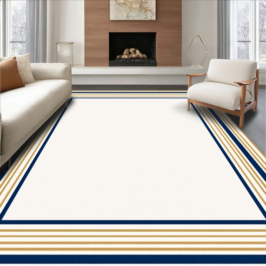 Navy Gold Striped Geometric Frame Rug