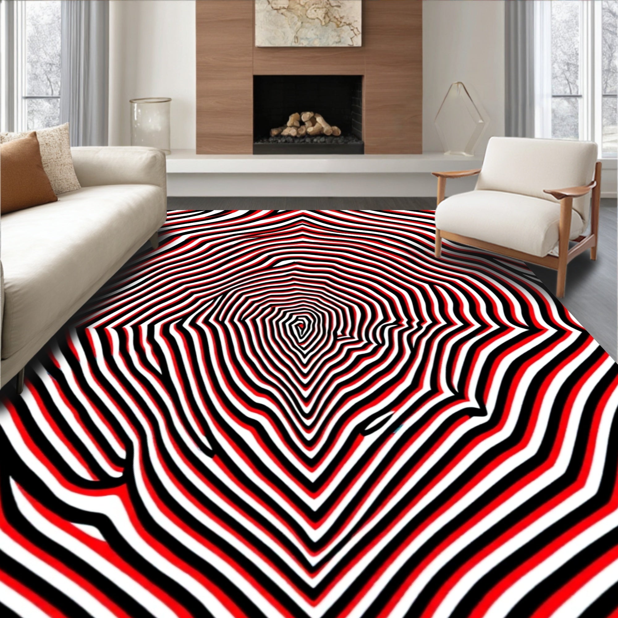 Psychedelic Black Red Swirl Design Rug