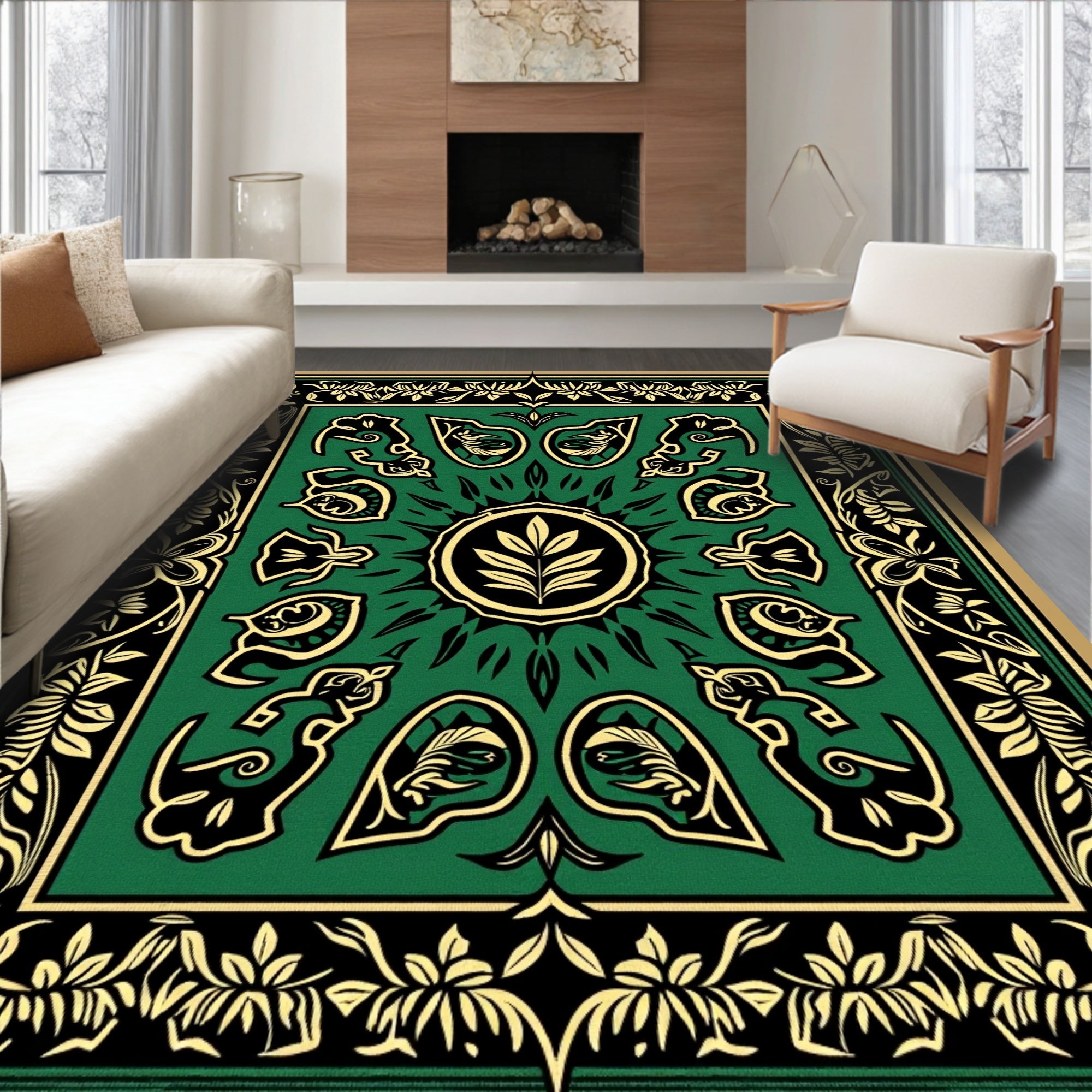 Emerald Gold Scrollwork Medallion Design Rug