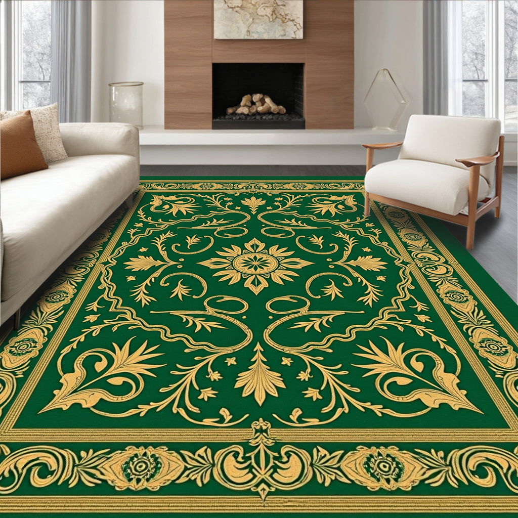 Green Gold Royal Floral Scrollwork Rug