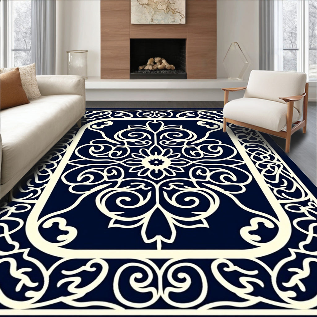 Ornate Navy White Floral Scroll Rug