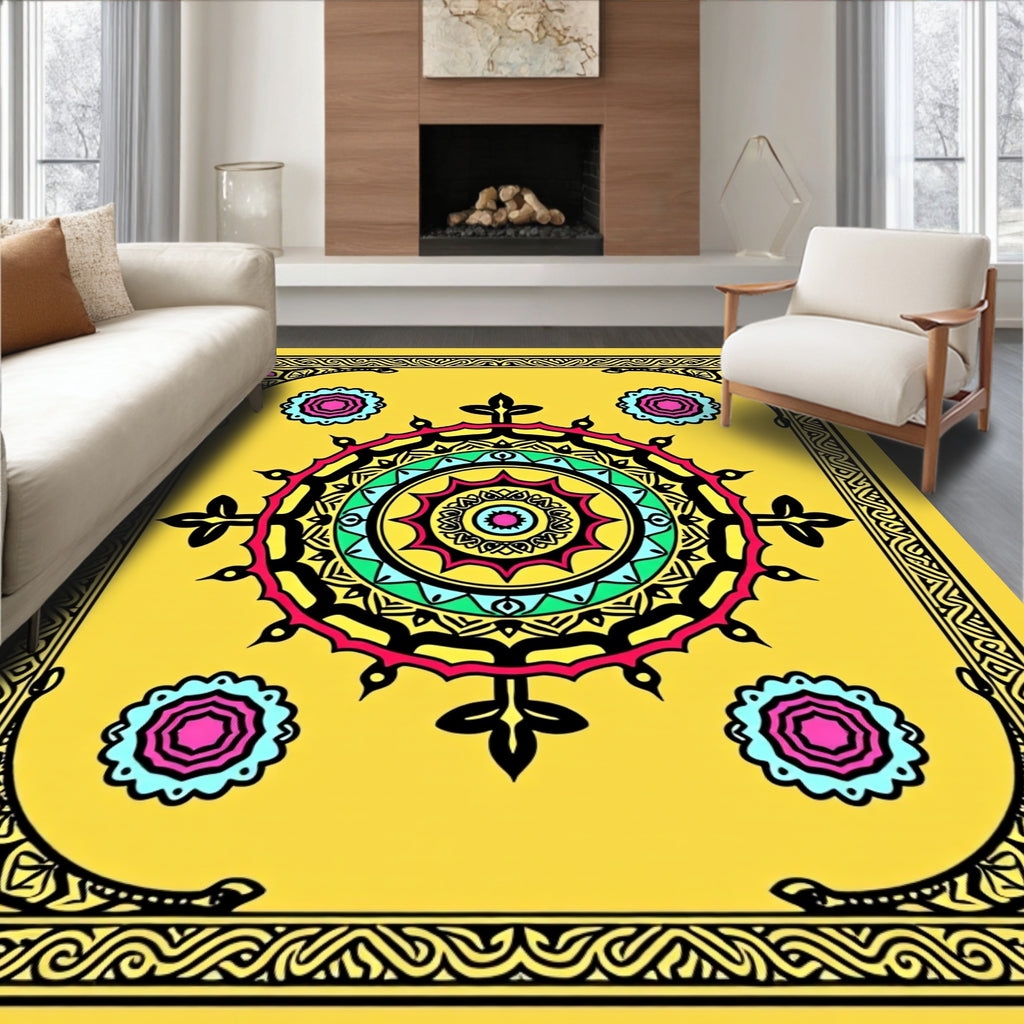 Vivid Yellow Circular Mandala Pattern Rug