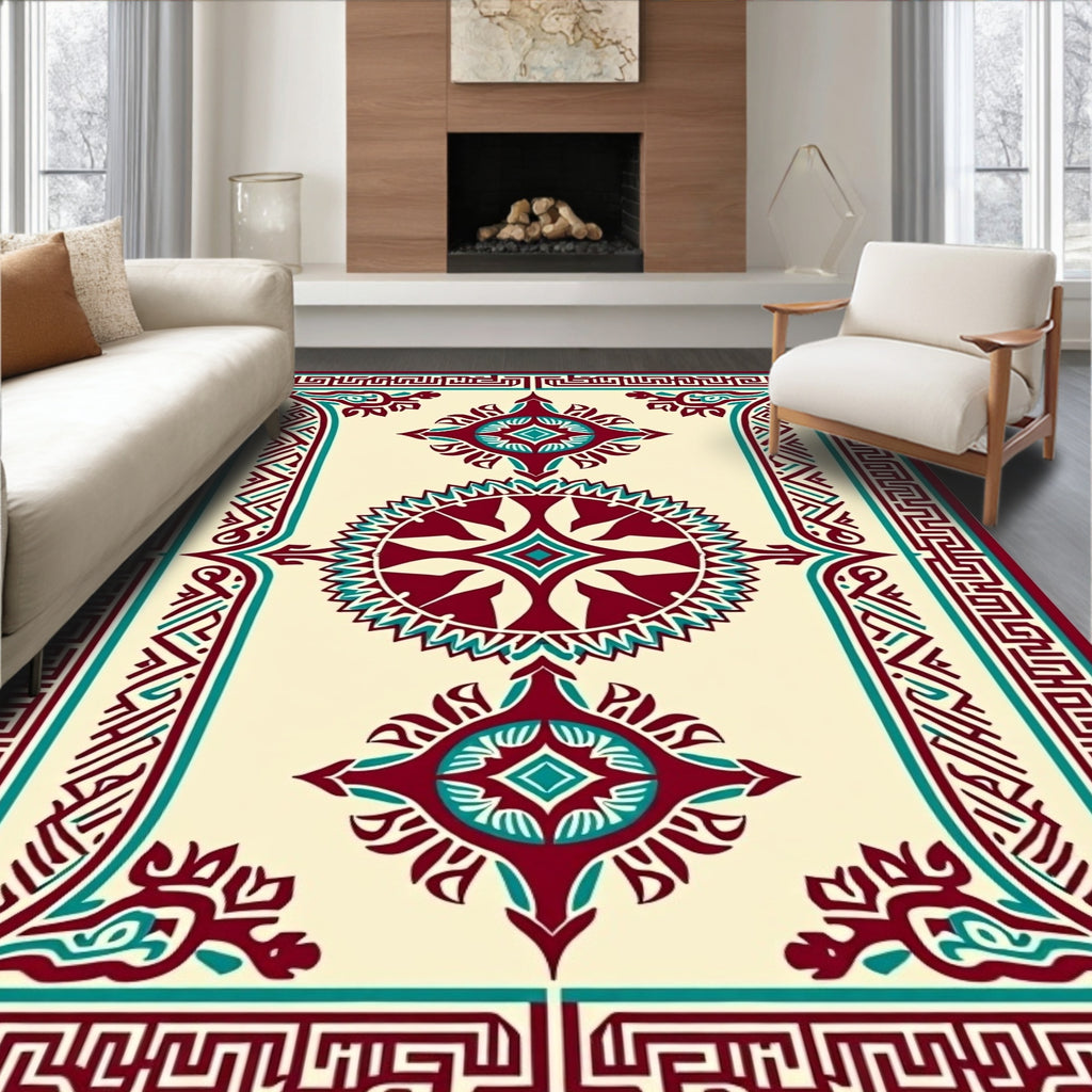 Maroon Teal Medallion Geometric Pattern Rug