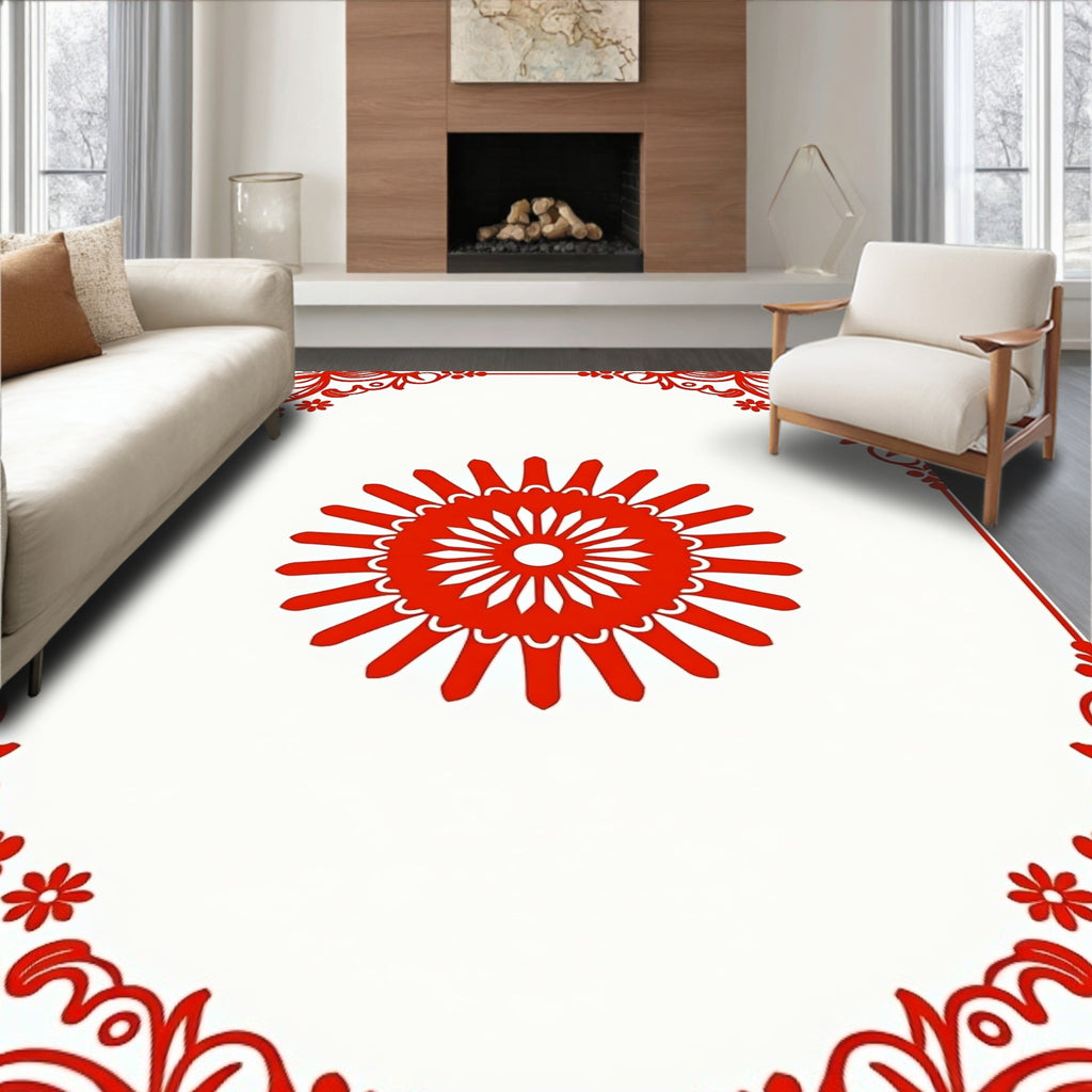 Ornate Red Floral Sunburst Design Rug