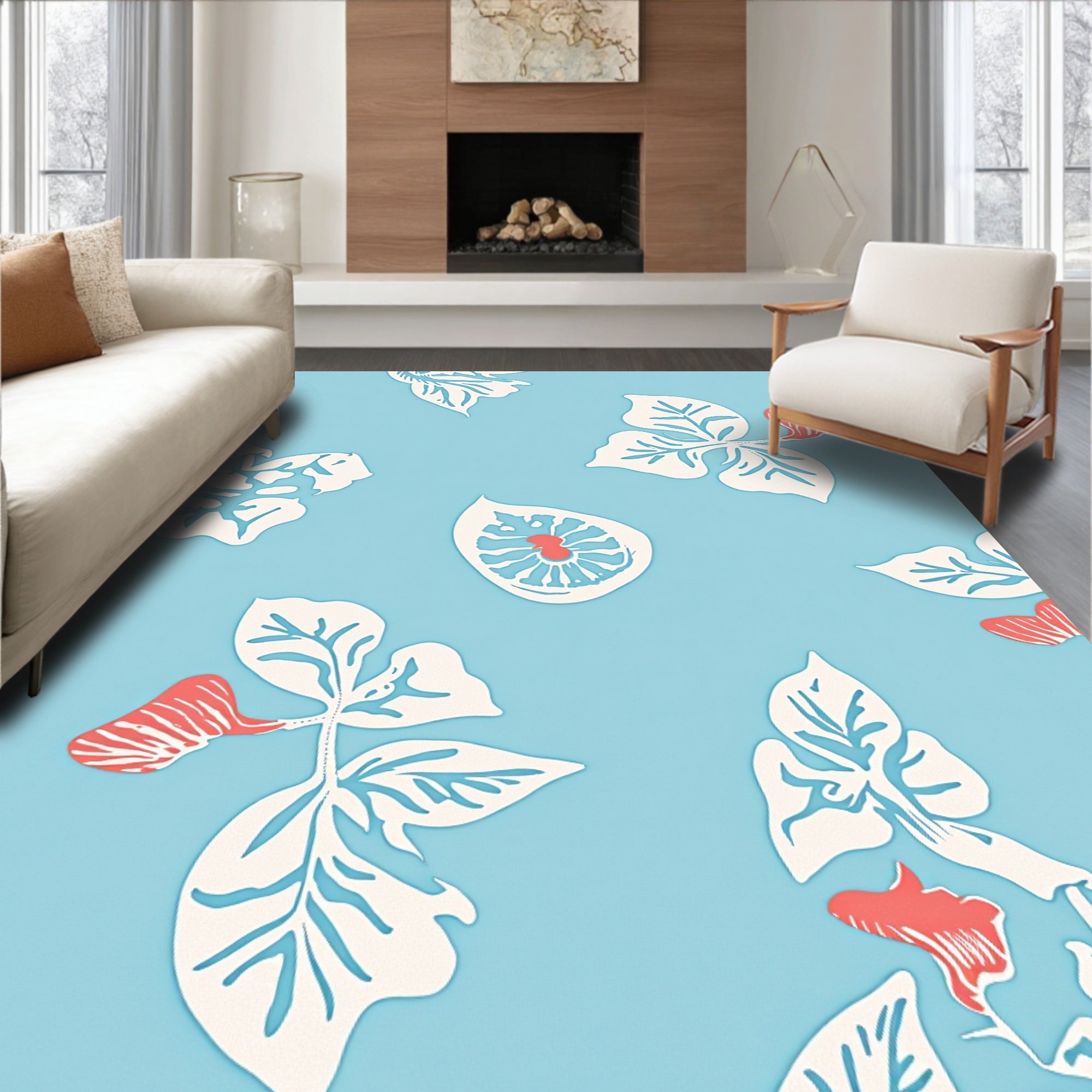 Floral Pattern on Light Blue Background Rug