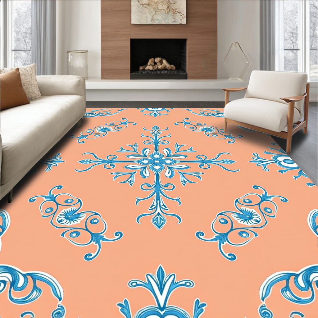 Elegant Blue Floral Scroll Pattern Rug