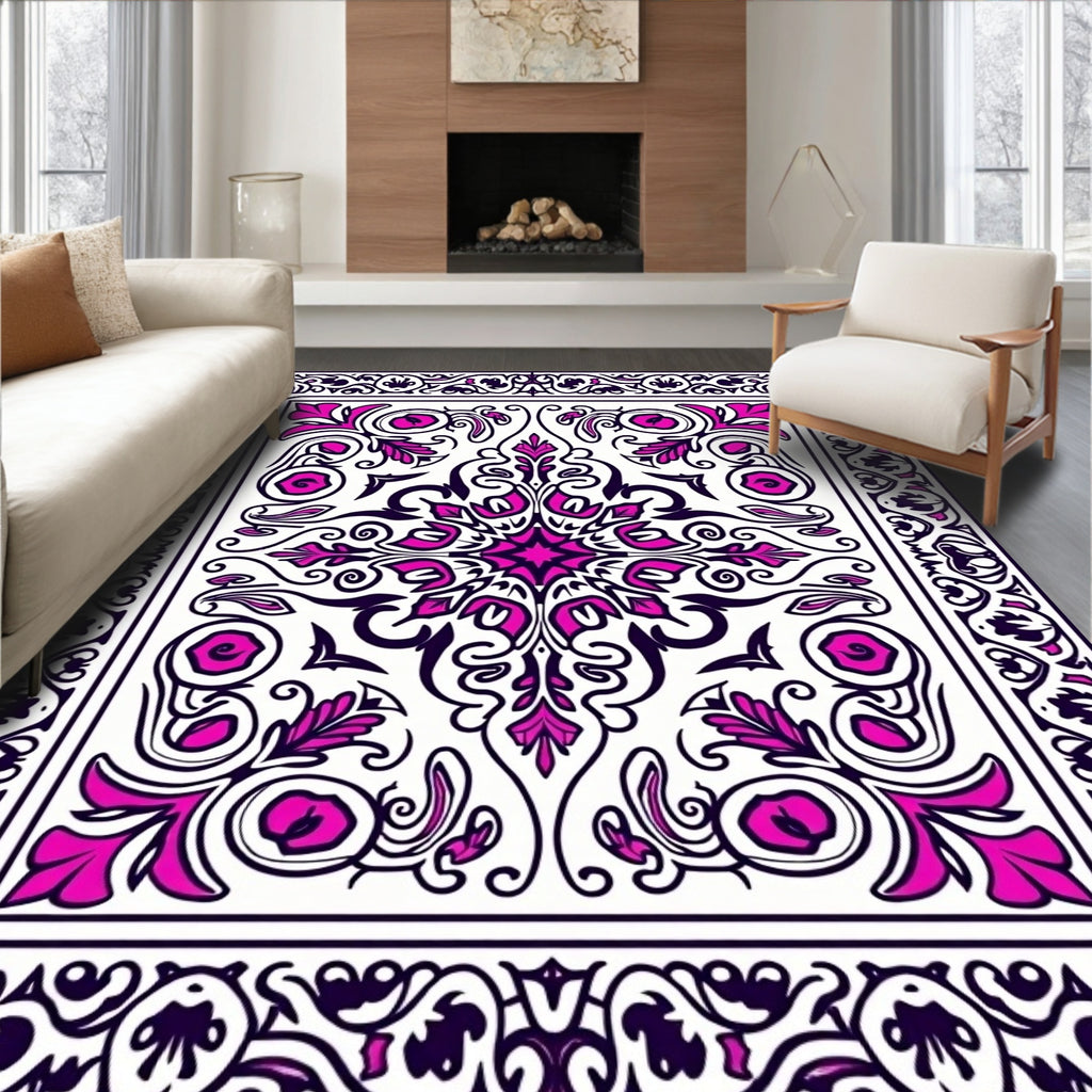 Ornate Pink Black Floral Pattern Rug