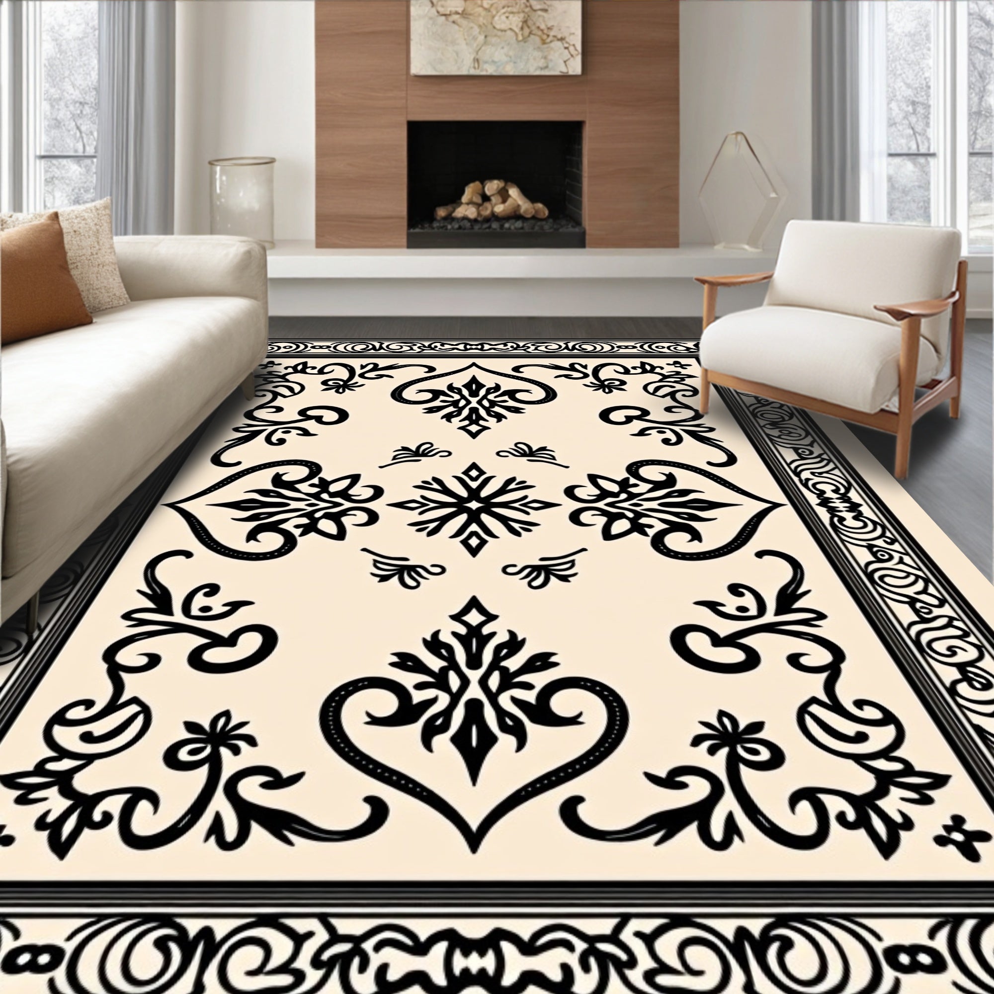 Intricate Black Cream Flourish Mandala Rug